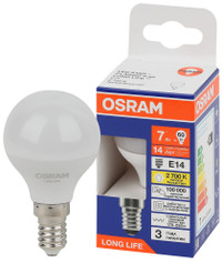 Лампа светодиодная LED 7Вт Е14 2700К 600Лм шар 220В (замена 60Вт) OSRAM (LEDVANCE) 4099854186424