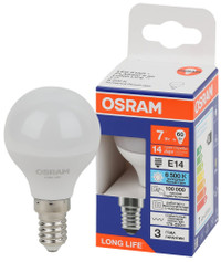 Лампа светодиодная LED 7Вт Е14 6500К 600Лм шар 220В (замена 60Вт) OSRAM (LEDVANCE) 4099854186486