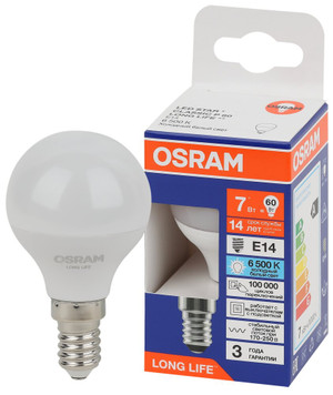 Лампа светодиодная LED 7Вт Е14 6500К 600Лм шар 220В (замена 60Вт) OSRAM (LEDVANCE) 4099854186486