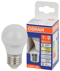 Лампа светодиодная LED 7Вт Е27 2700К 600Лм шар 220В (замена 60Вт) OSRAM (LEDVANCE) 4099854186516