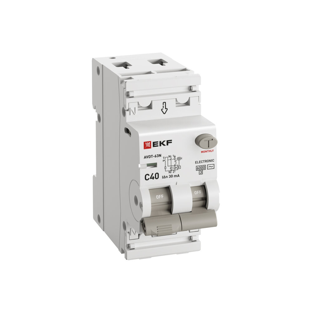 Автоматический выключатель дифференциального тока АВДТ-63N 1P+N 40А (C) 30мА (AC) эл 6кА PROXIMA (EKF) D63N26E40C30