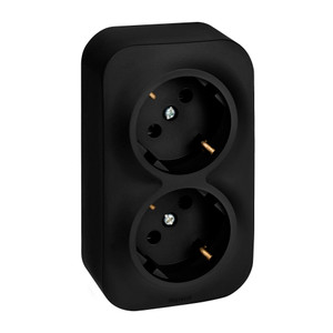 Розетка 2-местная для открытой установки с заземлением без защитных шторок с предварительным подключением 16А черный матовый QUTEO (IEK) 782470