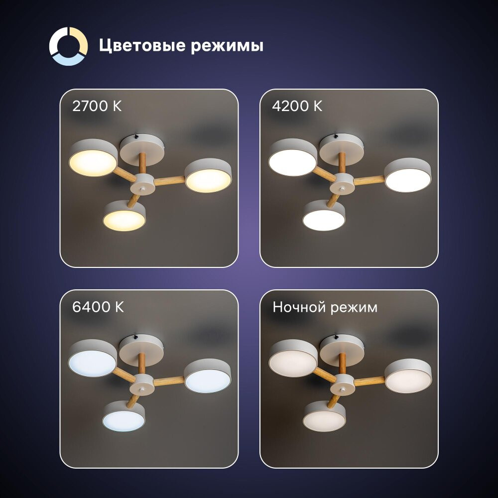 Люстра потолочная светодиодная диммируемая, SCANDIA, с ДУ, 3 режима, 520х520х170мм, 45Вт, 2700К/4200К/6400К, 17м, белый/дерево (RITTER) 51589 4