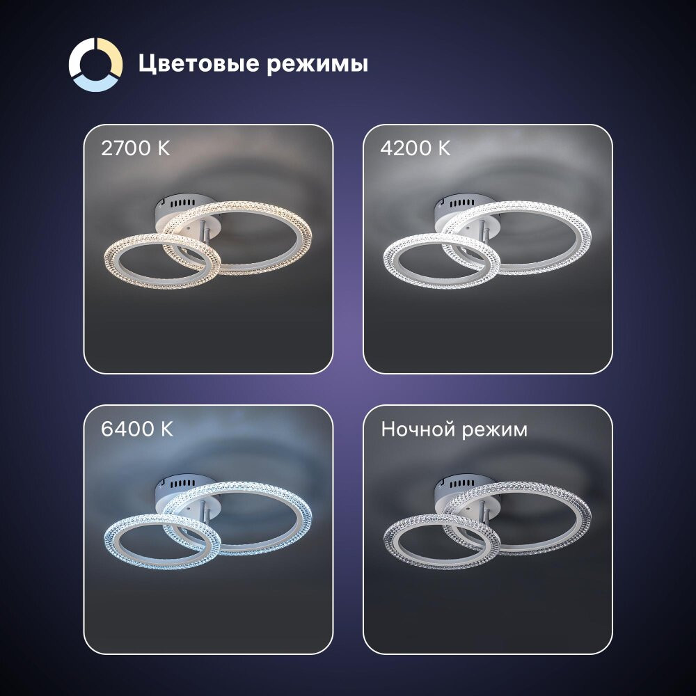 Люстра потолочная светодиодная диммируемая, RIFLESSO, с ДУ, 3 режима, 470х330х120мм, 52Вт, 2700K/4200K/6400K, 16м, белый (RITTER) 52924 2