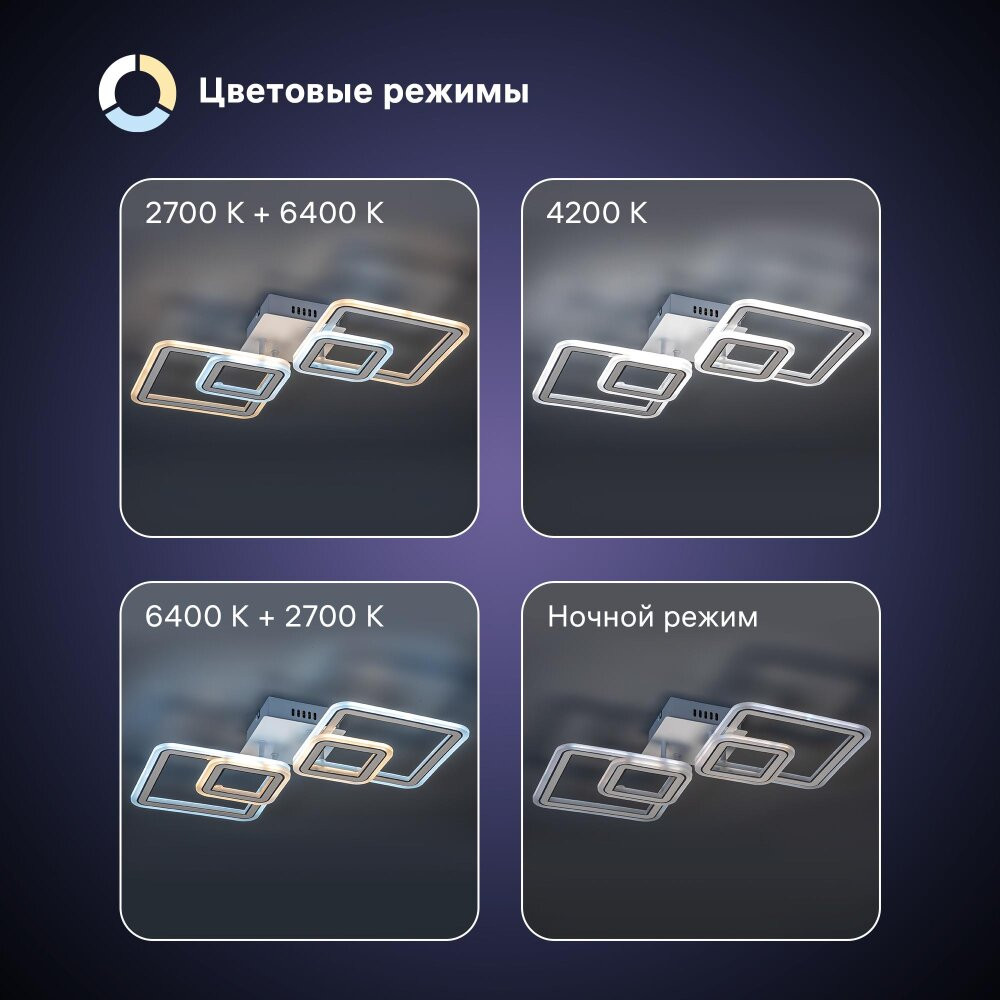 Люстра потолочная светодиодная диммируемая, SERENITA с ДУ, 3 режима, 650х320х85мм, 84 Вт, 2700+6400К/4200К/6400+2700К, 26м, белый/хром (RITTER) 52935 8