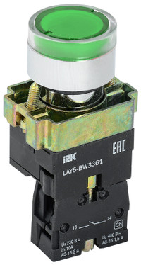 Кнопка управления зеленая LAY5-BW3361 1НО с подсветкой 240В (IEK) BBT50-BW-K06