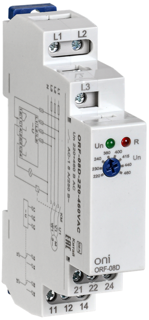 Реле фаз ORF-08D трехфазное 2 контакта 220-460В AC (ONI) ORF-08D-220-460VAC