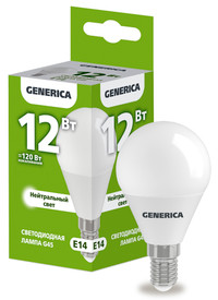 Лампа светодиодная G45 шар 12Вт 230В 4000К E14 GENERICA (IEK) LL-G45-12-230-40-E14-G