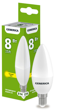 Лампа светодиодная C35 свеча 8Вт 230В 3000К E14 GENERICA (IEK) LL-C35-08-230-30-E14-G