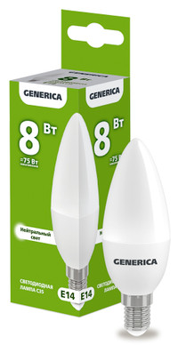 Лампа светодиодная C35 свеча 8Вт 230В 4000К E14 GENERICA (IEK) LL-C35-08-230-40-E14-G