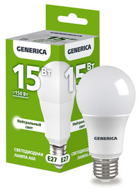 Лампа светодиодная A60 груша 15Вт 230В 4000К E27 GENERICA (IEK) LL-A60-15-230-40-E27-G