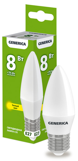 Лампа светодиодная C35 свеча 8Вт 230В 3000К E27 GENERICA (IEK) LL-C35-08-230-30-E27-G
