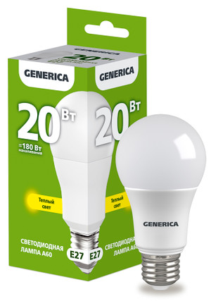 Лампа светодиодная A60 груша 20Вт 230В 3000К E27 GENERICA (IEK) LL-A60-20-230-30-E27-G