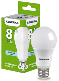 Лампа светодиодная A60 груша 8Вт 230В 6500К E27 GENERICA (IEK) LL-A60-08-230-65-E27-G
