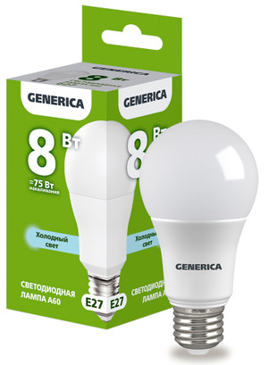 Лампа светодиодная A60 груша 8Вт 230В 6500К E27 GENERICA (IEK) LL-A60-08-230-65-E27-G
