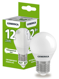Лампа светодиодная G45 шар 12Вт 230В 4000К E27 GENERICA (IEK) LL-G45-12-230-40-E27-G