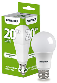 Лампа светодиодная A60 груша 20Вт 230В 4000К E27 GENERICA (IEK) LL-A60-20-230-40-E27-G