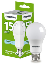 Лампа светодиодная A60 груша 15Вт 230В 6500К E27 GENERICA (IEK) LL-A60-15-230-65-E27-G