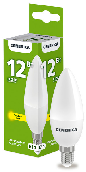 Лампа светодиодная C35 свеча 12Вт 230В 3000К E14 GENERICA (IEK) LL-C35-12-230-30-E14-G