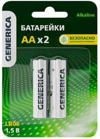 Батарейка щелочная Alkaline LR06/AA (2шт/блистер) GENERICA (IEK) ABT-LR06-ST-L02-G