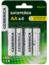 Батарейка щелочная Alkaline LR06/AA (4шт/блистер) GENERICA (IEK) ABT-LR06-ST-L04-G
