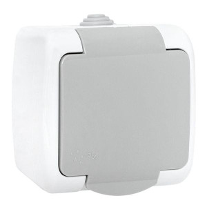 Розетка 1-местная Мурманск 16А с заземлением с крышкой IP54 серый с защитными шторками (EKF) EFR16-029-30-54