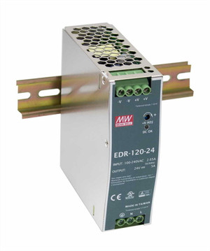 Блок питания AC-DC, 120Вт, вход 90-264V AC, 47-63Гц,127-370В DC, выход 24В,5A, рег. вых 24-28В, в кожухе на DIN-рейку (Mean Well) EDR-120-24