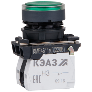 Кнопка КМЕ4611мЛ-220В-зеленый-1но+1нз-цилиндр-индикатор-IP65- (КЭАЗ) 248250