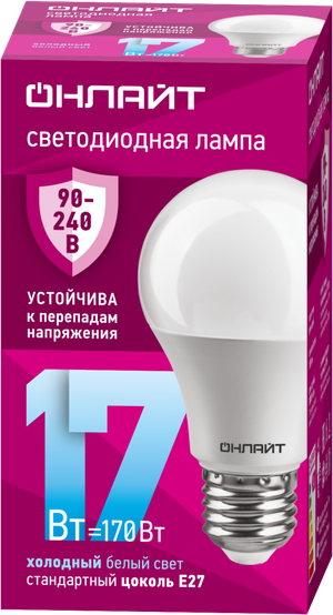 Лампа светодиодная 17вт OLL-A60-17-230-6.5K-E27 PRO 90-240В ОНЛАЙТ (ОНЛАЙТ) 90404