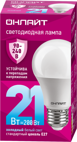 Лампа светодиодная 21вт OLL-A60-21-230-6.5K-E27 PRO 90-240В ОНЛАЙТ (ОНЛАЙТ) 90406