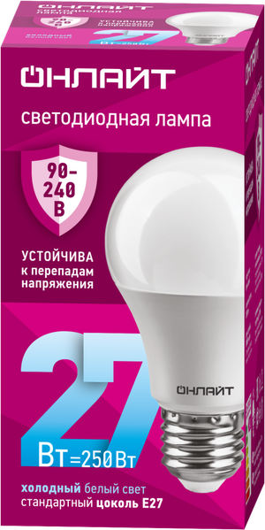 Лампа светодиодная 27вт OLL-A60-27-230-6.5K-E27 PRO 90-240В ОНЛАЙТ (ОНЛАЙТ) 90408