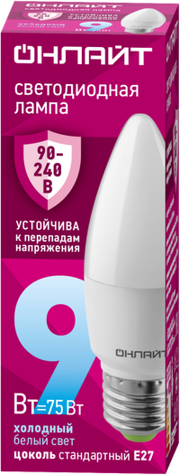 Лампа светодиодная 9вт OLL-C37-9-230-6.5K-E27-FR PRO 90-240В ОНЛАЙТ (ОНЛАЙТ) 90414