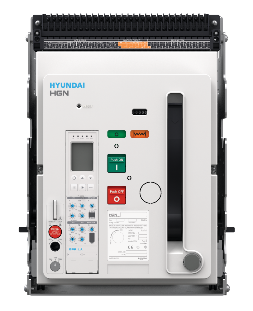 Воздушный выключатель серии HGS, арт. HGS10A3BM0C0S054JBAER (1000А, 3P, 65кА, выкатной c горизонтальным расположением шин, реле GPR-LP) (HD Hyundai Electric) HGS10A3BM0C0S054JAEAGAMB6BARU