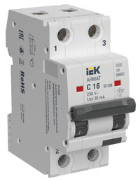 Выключатель автоматический дифференциального тока B10N 2P C16 30мА тип A (IEK) AR-B10N-2-C016A030