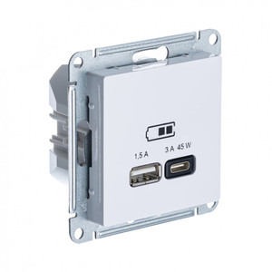 ATLASDESIGN USB РОЗЕТКА A + тип-C 45W высокоскор.заряд. QC, PD, механизм, БЕЛЫЙ (Systeme Electric) ATN000129