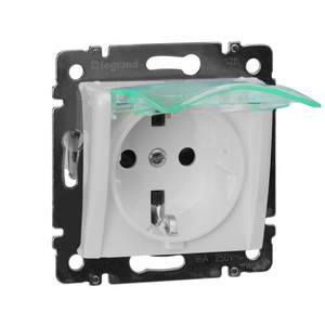 Розетка 1-местная с заземлением с защитными шторками и крышкой 16А IP44 белый VALENA (IEK) 774220