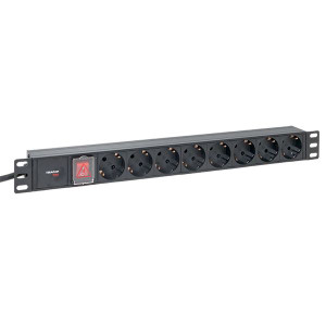 Блок розеток PDU TERACOM PRO 19'' 1U 16А/250В 8 розеток Schuko с выключателем шнур питания длиной 2 метра сечение 3x1.5 мм2 вилка Schuko корпус алюминий черный (EKF) TRP-HPD-LS-16A-8SH-2MSH