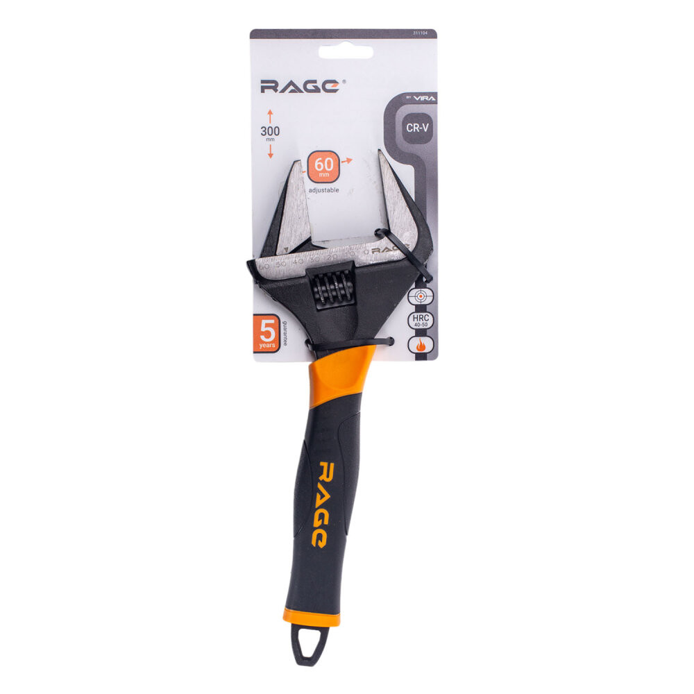 Ключ разводной с тонкими губками и широким зевом раскрытие до 60 мм 300 мм (Rage) 311104