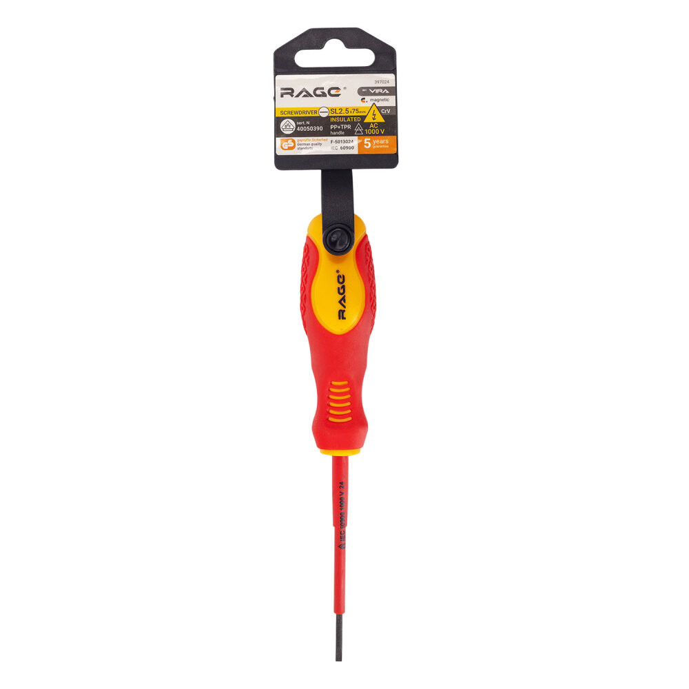 Отвертка диэлектрическая 1000В VDE SL2.5 х 75 мм (Rage) 397024