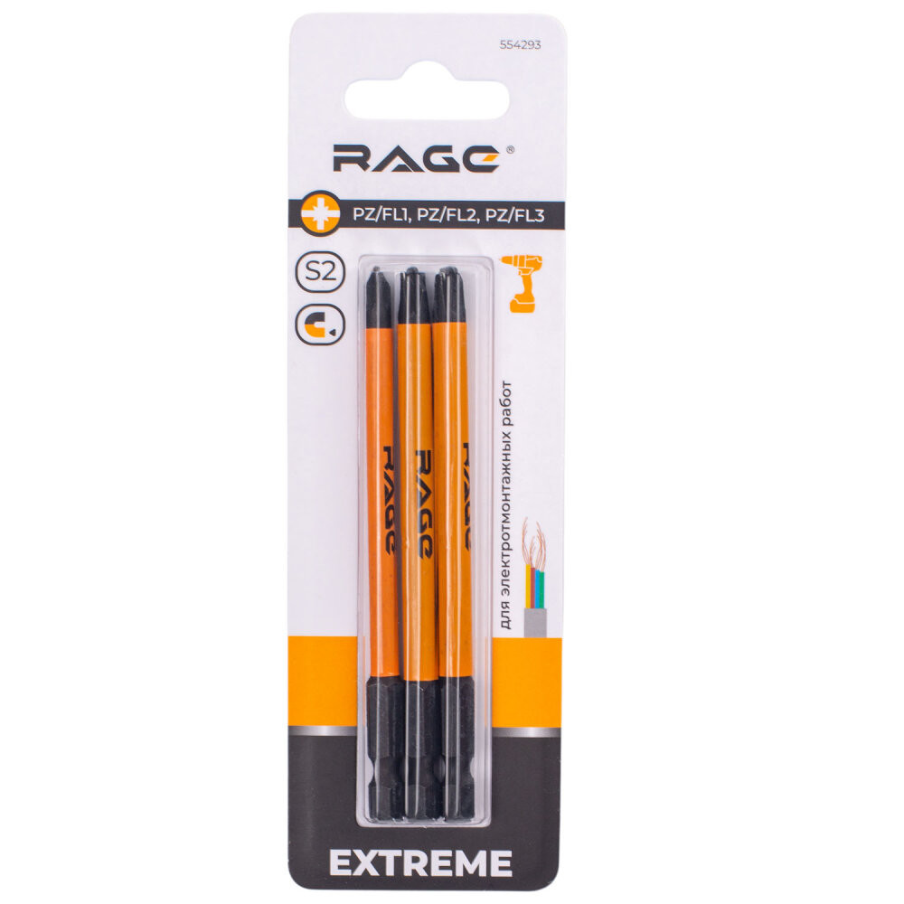 Биты для электриков магнитные S2 PZ/FL1 PZ/FL2 PZ/FL3 x 100 мм 3 шт (Rage) 554293