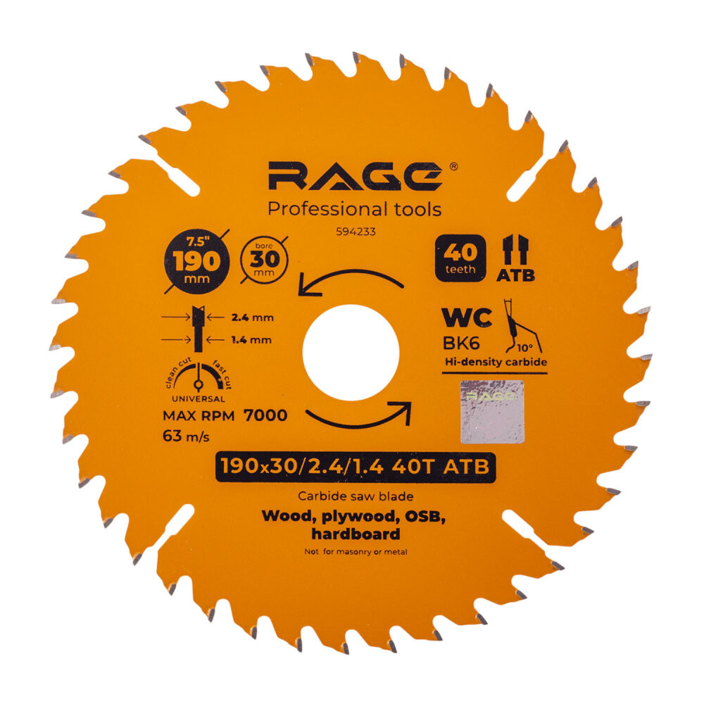 Диск пильный универсальный 190 мм 40 зубьев посадка 30 мм + кольцо 20 мм 16 мм (Rage) 594233