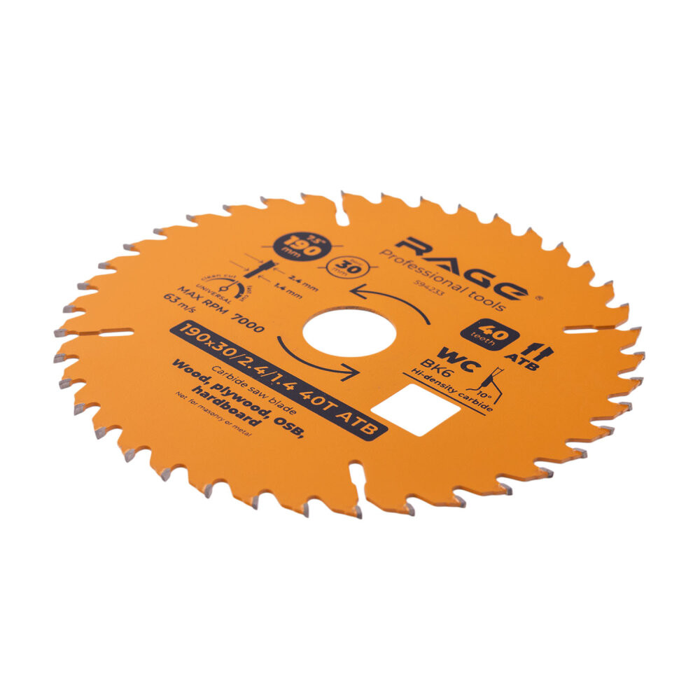 Диск пильный универсальный 190 мм 40 зубьев посадка 30 мм + кольцо 20 мм 16 мм (Rage) 594233