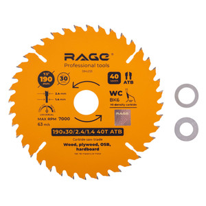 Диск пильный универсальный 190 мм 40 зубьев посадка 30 мм + кольцо 20 мм 16 мм (Rage) 594233