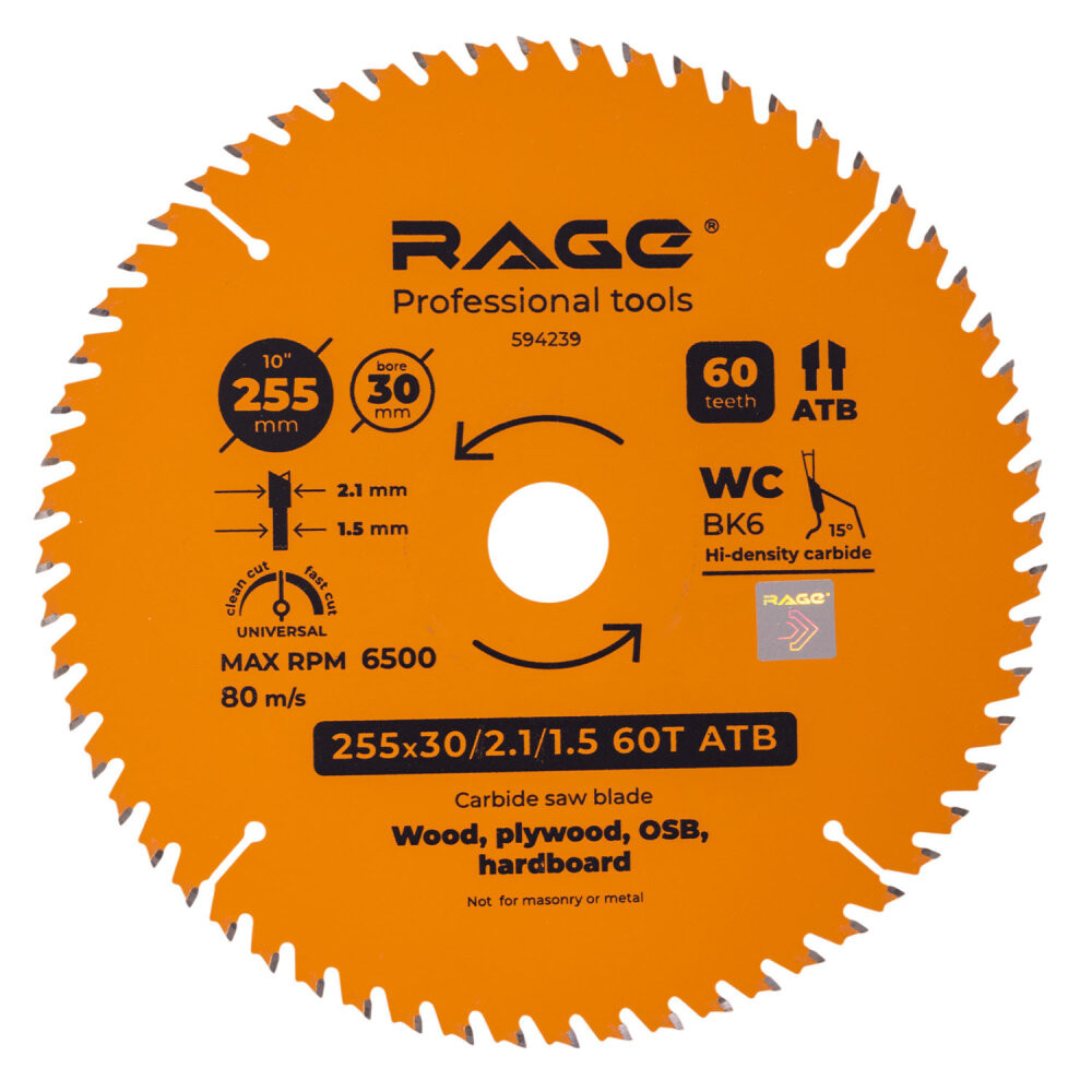 Диск пильный универсальный 255 мм 60 зубьев посадка 30 мм + кольцо 25.4/20/16 мм (Rage) 594239