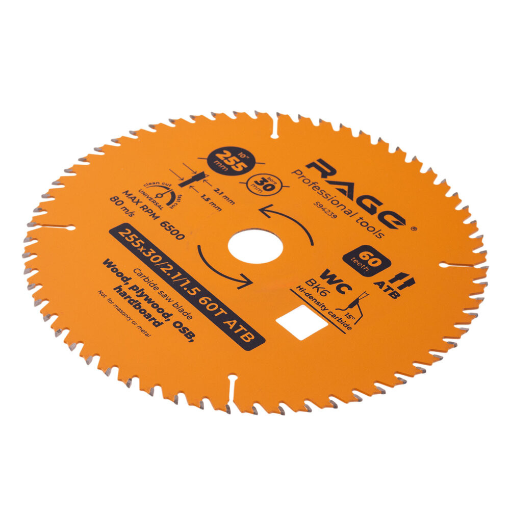 Диск пильный универсальный 255 мм 60 зубьев посадка 30 мм + кольцо 25.4/20/16 мм (Rage) 594239
