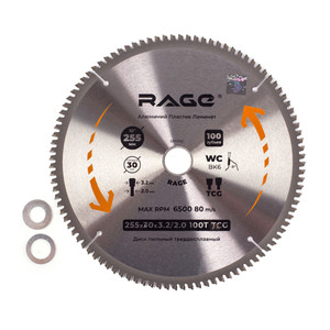 Диск пильный по алюминию 255 мм 100Z посадка 30 мм + кольцо 25.4 мм 20 мм 16 мм (Rage) 594505