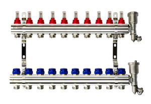 Коллекторная группа FHF-10RF set 10 контуров 1'x3/4' с расходомерами, воздухоотводчиками и кронштейнами (Ридан) 088U0730R