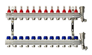 Коллекторная группа FHF-12RF set 12 контуров 1'x3/4' с расходомерами, воздухоотводчиками и кронштейнами (Ридан) 088U0732R