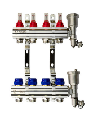 Коллекторная группа FHF-4RF set 4 контура 1'x3/4' с расходомерами, воздухоотводчиками и кронштейнами (Ридан) 088U0724R