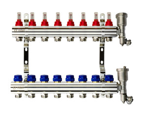 Коллекторная группа FHF-8RF set 8 контуров 1'x3/4' с расходомерами, воздухоотводчиками и кронштейнами (Ридан) 088U0728R